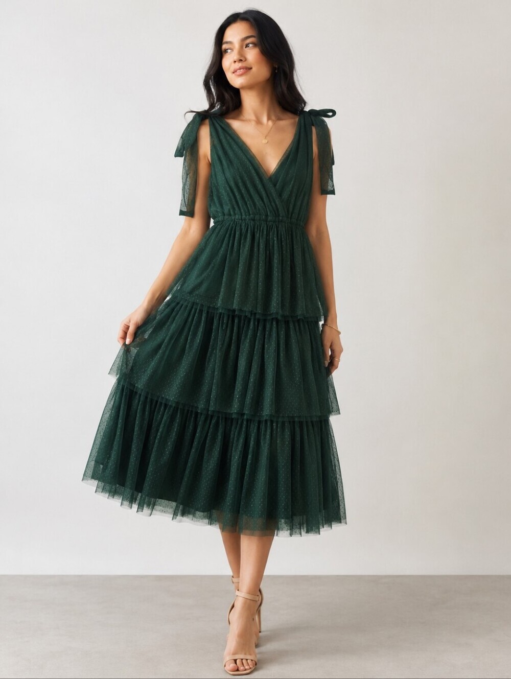 Baltic Born Emerald Green Tiered Tulle Midi Dress with Tie Shoulders
